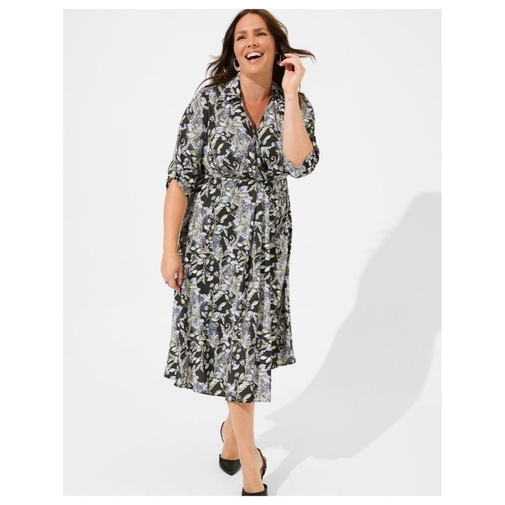 Torrid Crepe De Chine Collared black Floral Midi Dress 3X